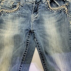 Miss Me Light Blue Boot Cut Jeans with Chain & Stud Trim